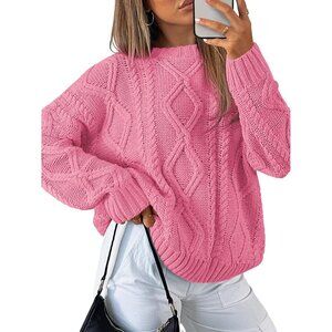 Women's Rose Pink Imported Pull On Oversized Cable Knit Crew Neck Sweaters